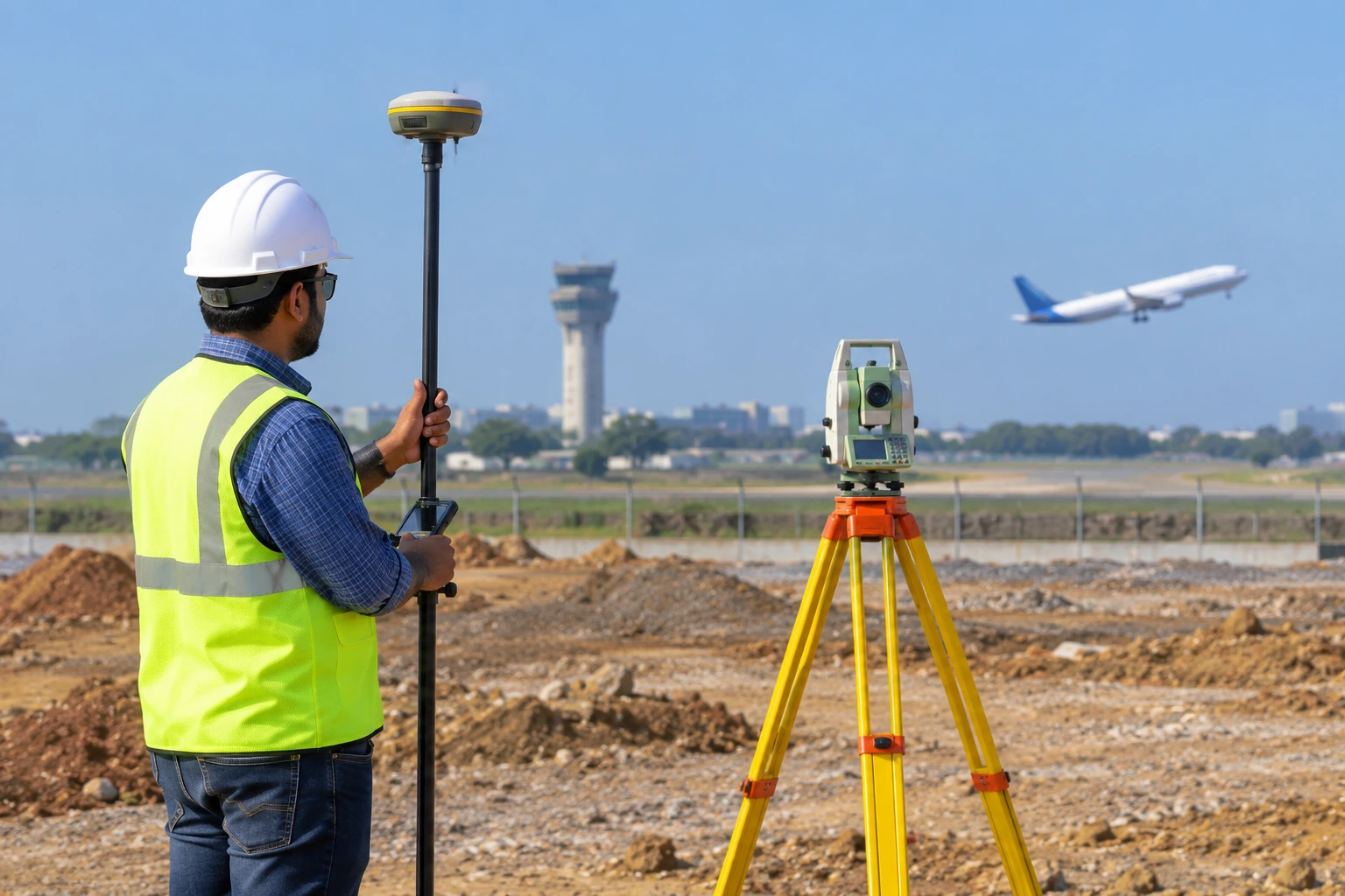 Surveyor collecting WGS-84 coordinates and AMSL elevation for AAI NOC using RTK GNSS