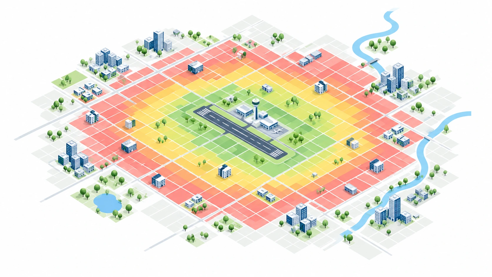 Colour coded zoning map CCZM grid showing green yellow and red height zones near an airport