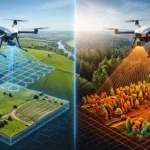 Split-screen comparison of photogrammetry drone mapping an open field versus LiDAR drone scanning through forest canopy