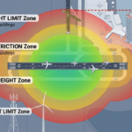 Airport height restrictions showing building height limits near an airport runway