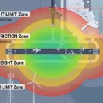 Airport height restrictions showing building height limits near an airport runway