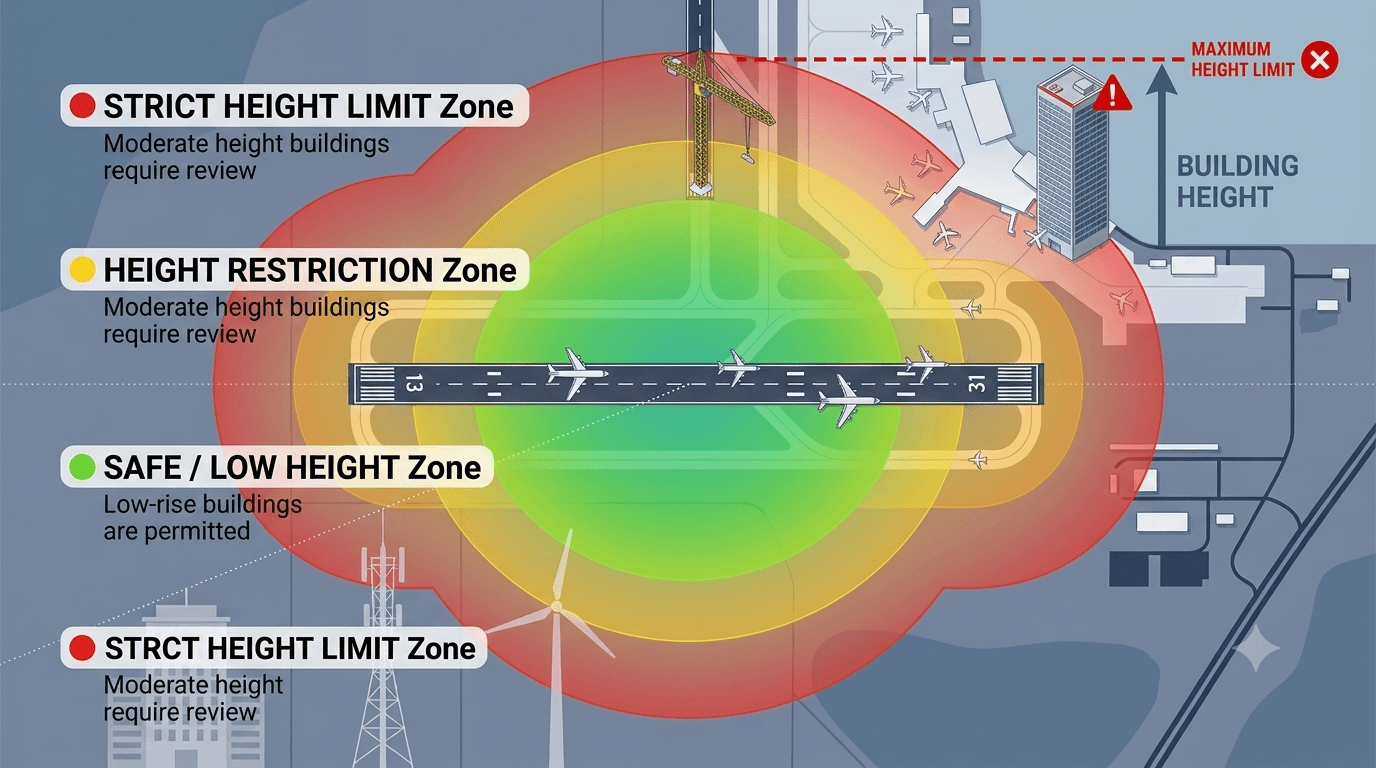 Airport height restrictions showing building height limits near an airport runway