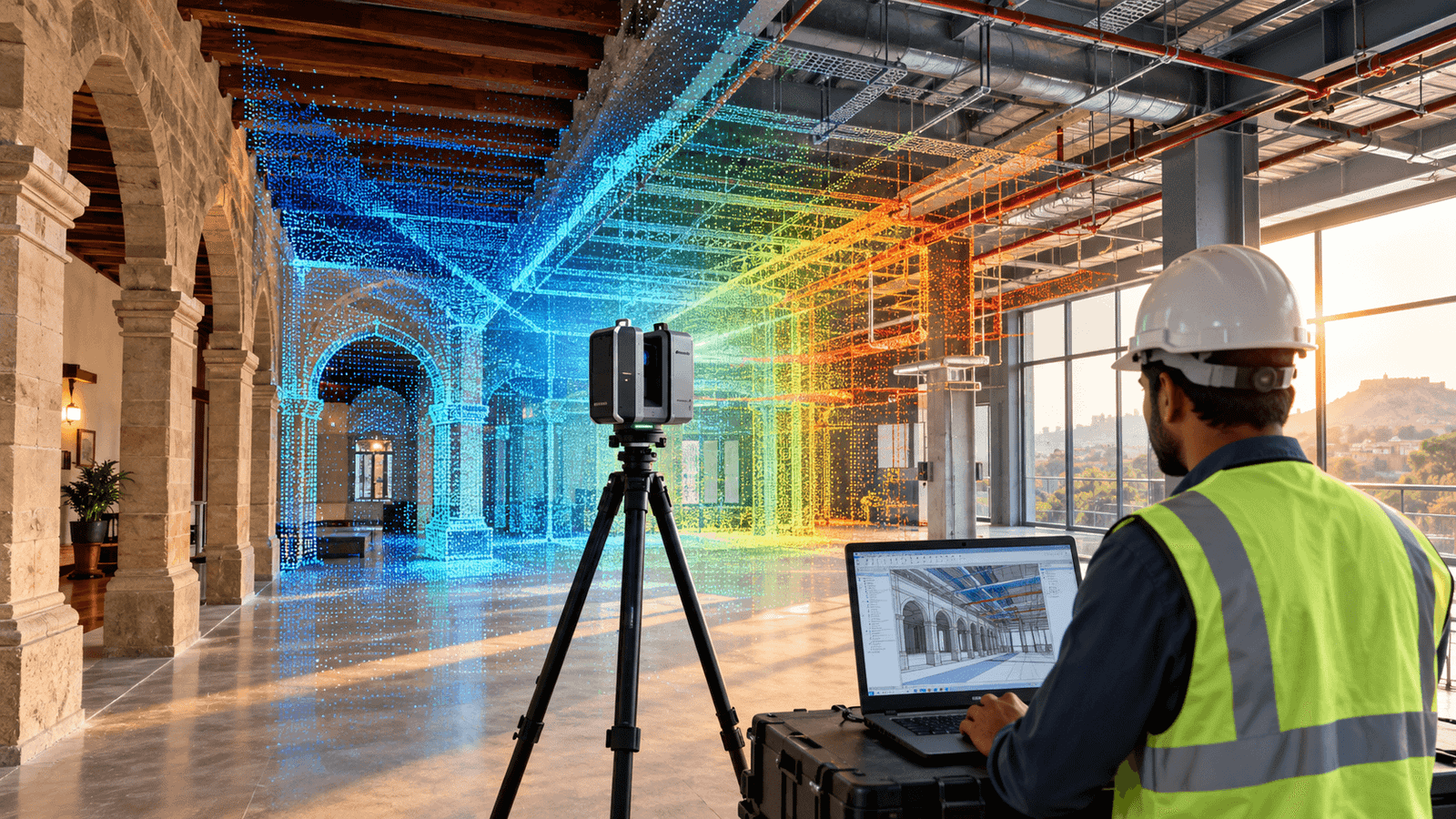 3D laser scanner capturing point cloud data inside a heritage building in Pune for Scan to BIM survey, with digital BIM model overlay