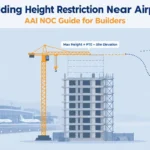 Building height restriction near airport: illustration of a construction site with a height limit line and AAI NOC
