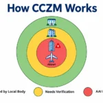 How CCZM works — colour coded zoning map AAI diagram showing green, yellow, red height zones around an airport