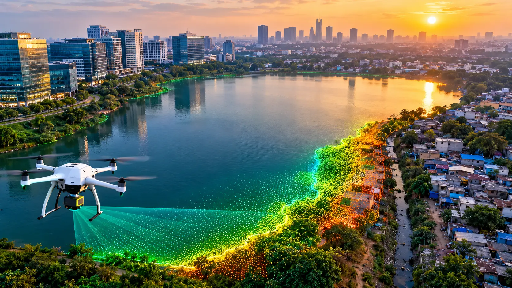 LiDAR drone scanning Bengaluru lake boundary with point cloud overlay showing stormwater drain encroachment