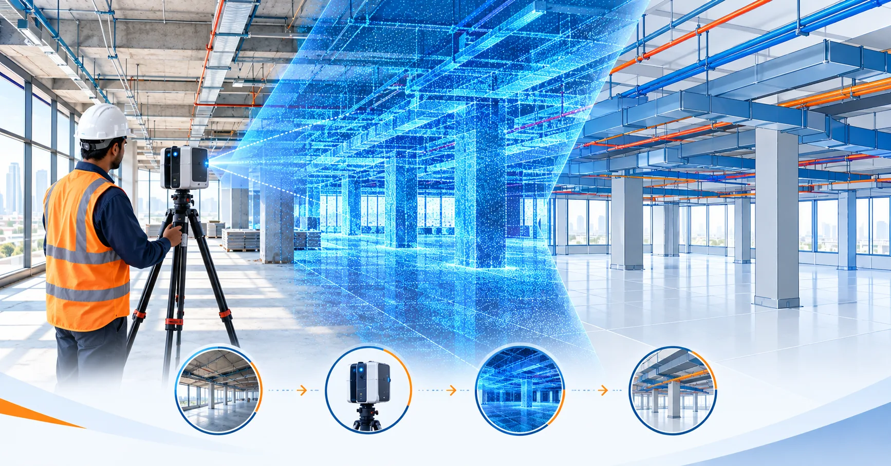 Surveyor using a 3D laser scanner with point cloud converting into a Scan to BIM model