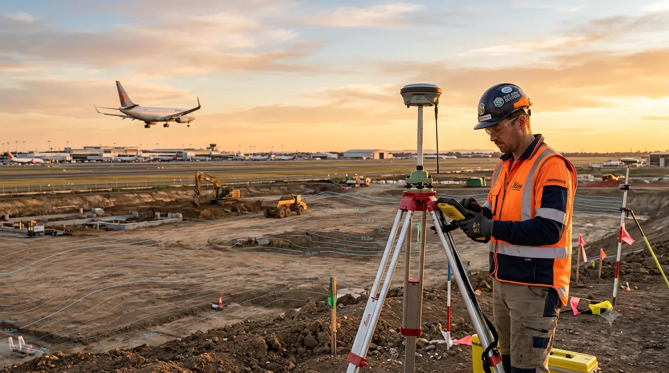 AMSL elevation certificate for airport NOC - surveyor measuring site elevation near an airport