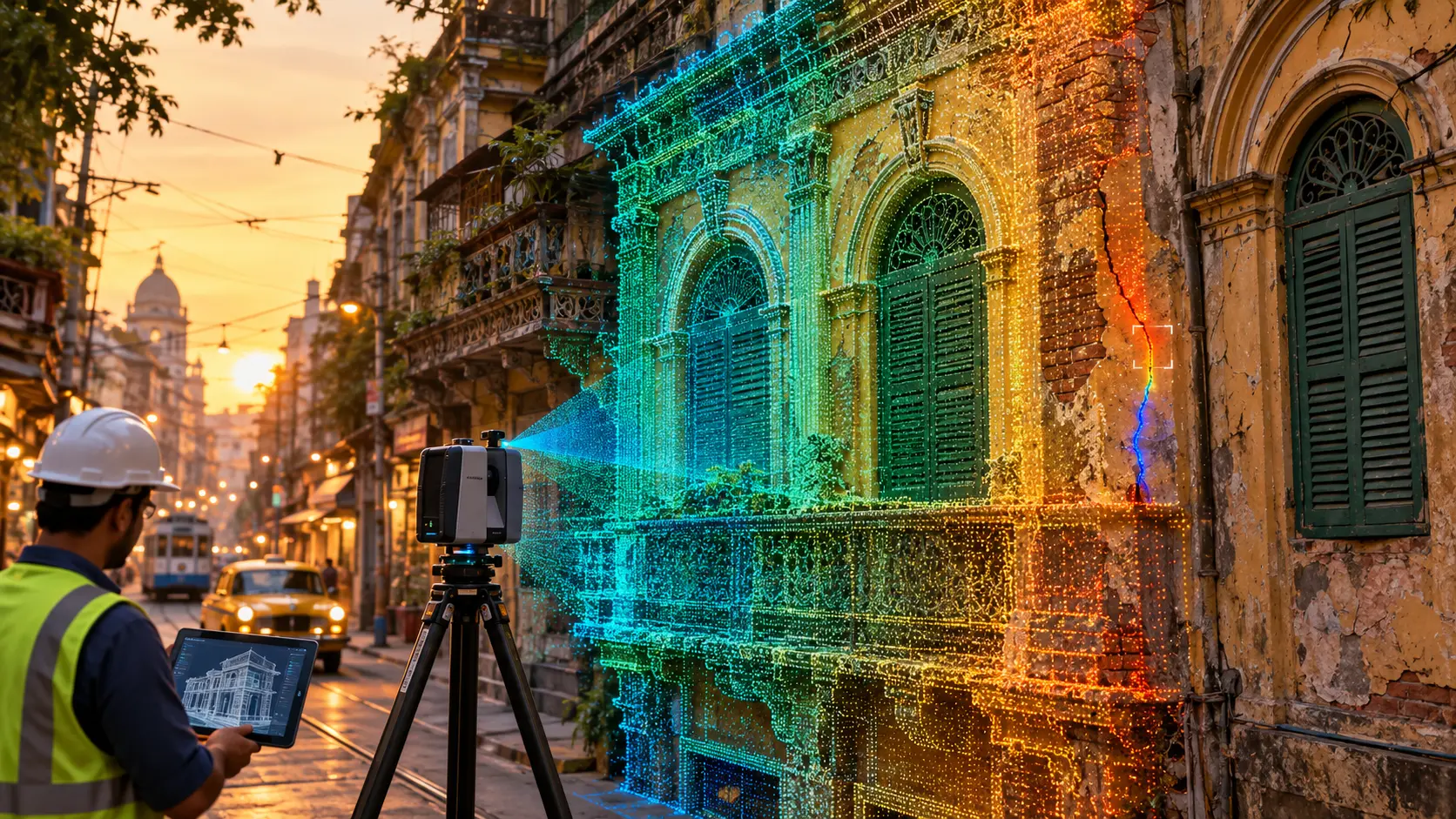 3D laser scanner capturing an old Kolkata heritage building with point cloud overlay for Scan to BIM survey