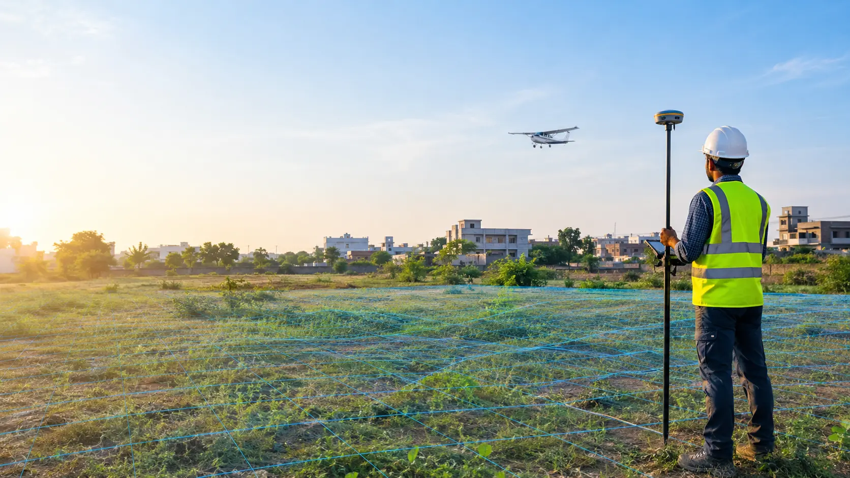 Surveyor checking AAI NOC requirement on a plot near an airport