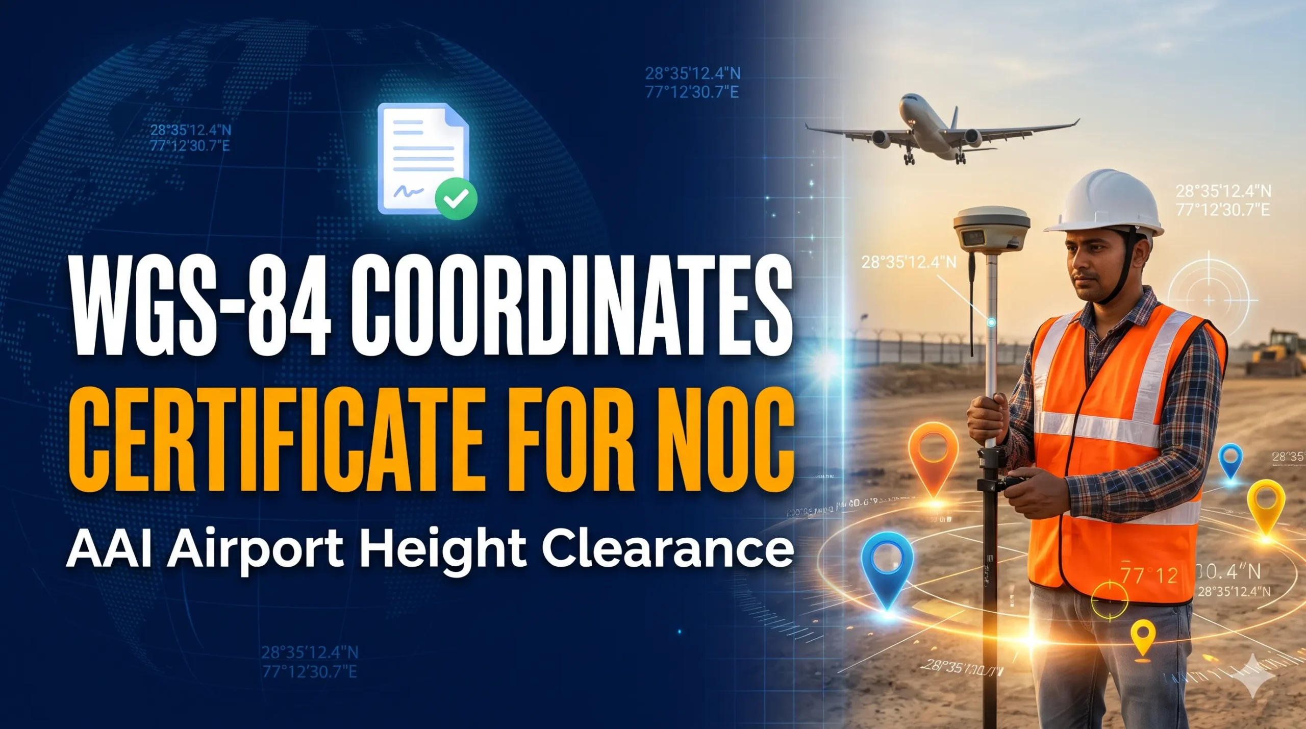 Surveyor taking WGS-84 coordinates with DGPS at a plot near an airport for AAI NOC