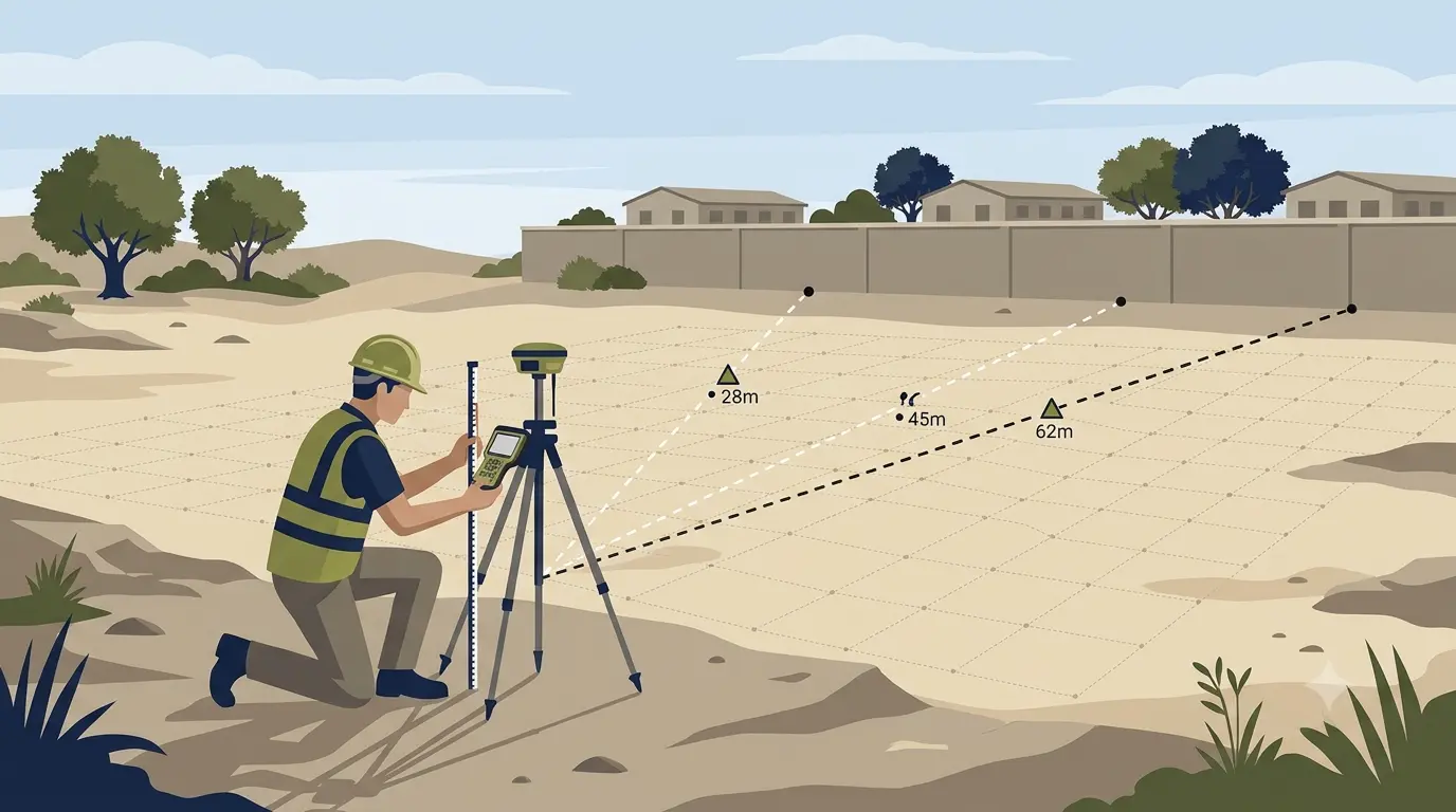 Surveyor measuring the distance from a plot to a cantonment boundary wall for an Army NOC