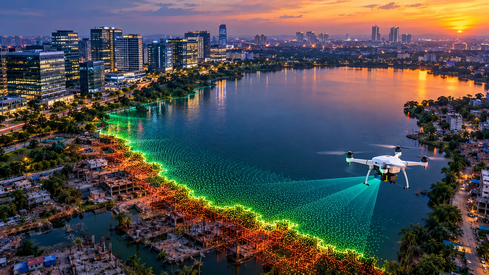 LiDAR drone mapping Full Tank Level boundary of a Hyderabad lake with encroaching construction nearby