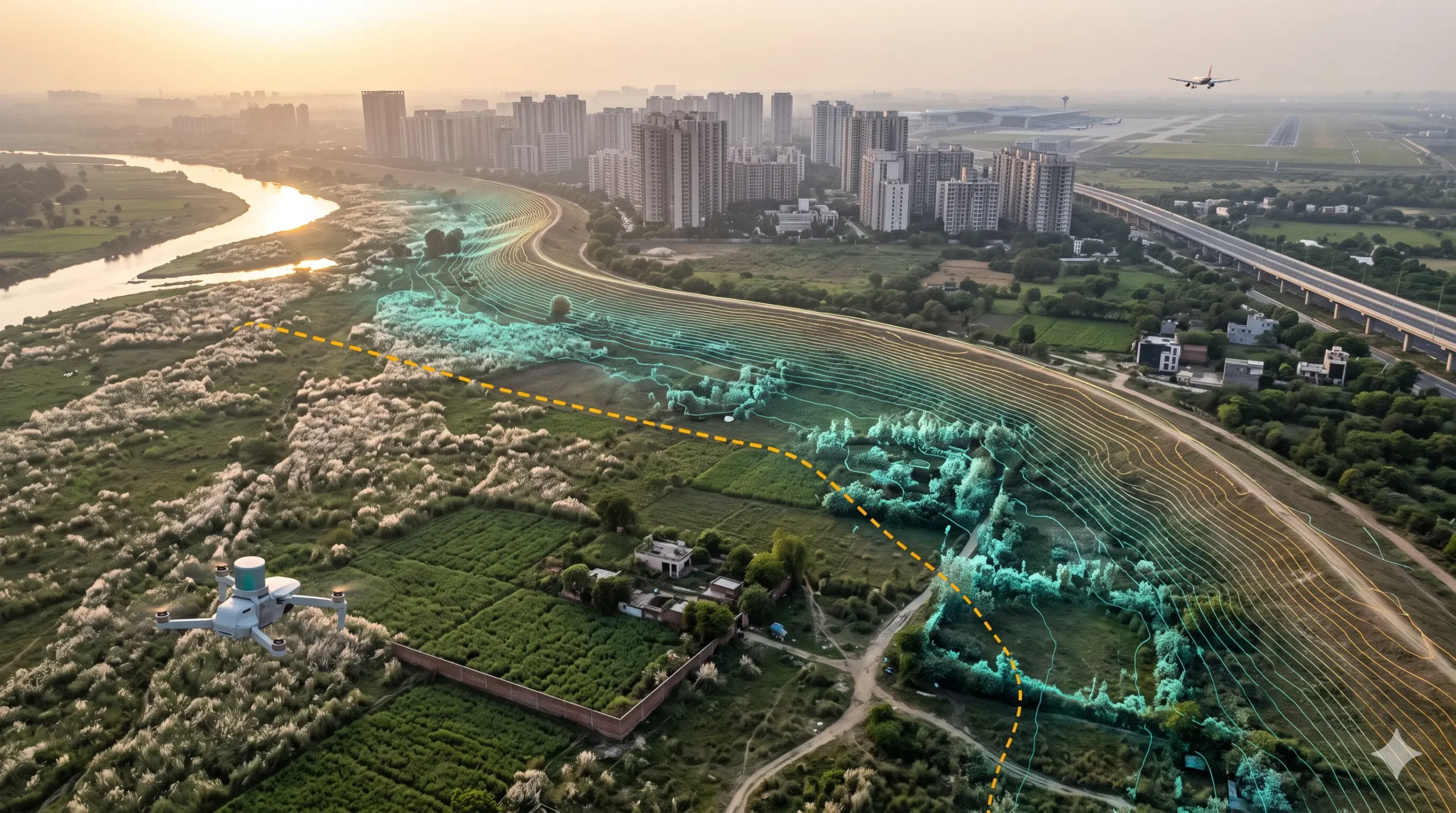 LiDAR drone mapping the Yamuna floodplain near Noida with elevation contours and a flood-level line over riverbank structures