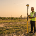 Surveyor using an RTK GNSS rover on a plot near an airport