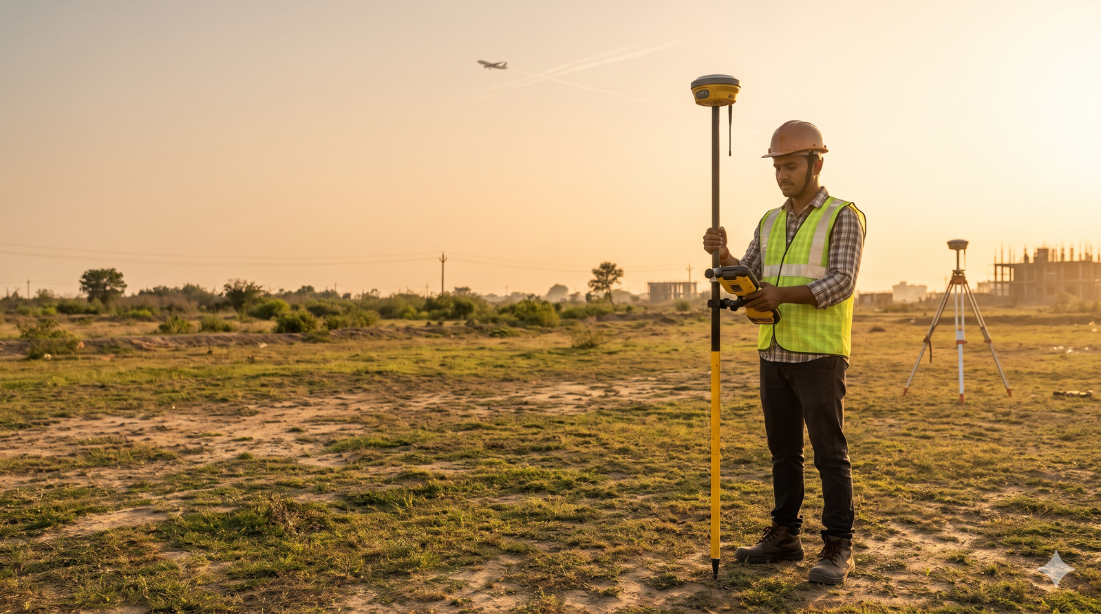 Surveyor using an RTK GNSS rover on a plot near an airport
